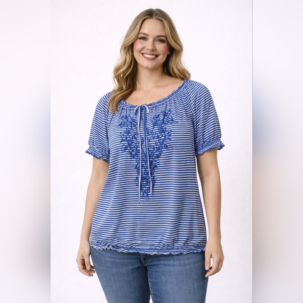 #46 Faded Glory Women’s XL Blue White Striped Embroidered Peasant Blouse Short